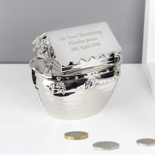 (product) Personalised Silver Noahs Ark Money Box