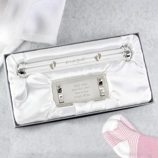 (product) Personalised Its A Girl Silver Plated Certificate Holder