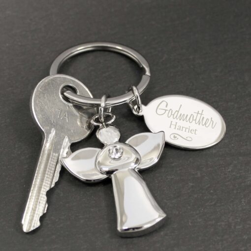 (product) Personalised Silver Plated Swirls & Hearts Godmother Angel Keyring