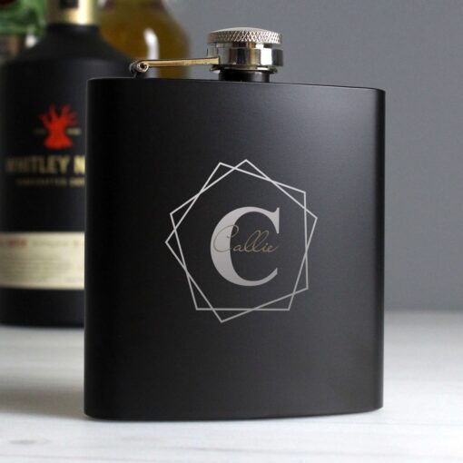 (product) Personalised Geometric Initial Black Hip Flask