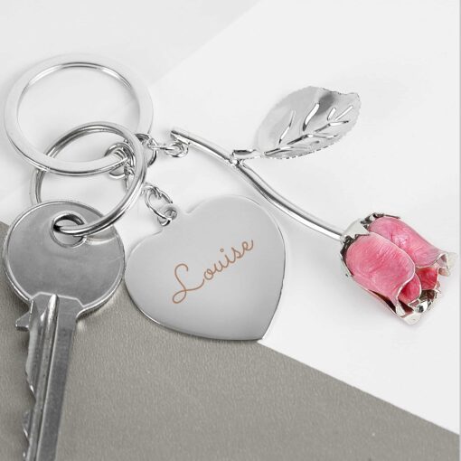 (product) Personalised Silver Plated Name Pink Rose Keyring