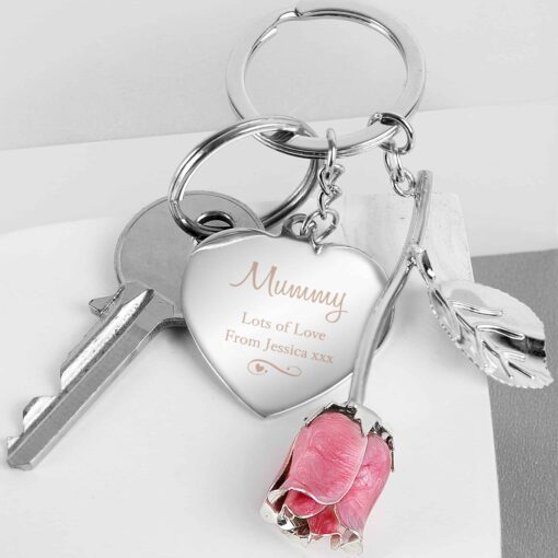 (product) Personalised Silver Plated Swirls & Hearts Pink Rose Keyring