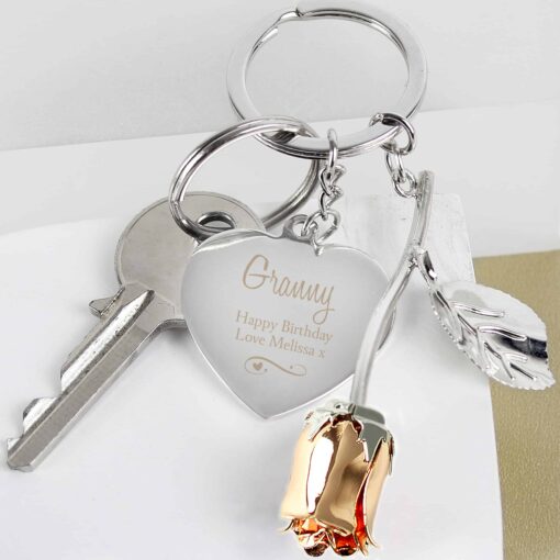 (product) Personalised Silver Plated Swirls & Hearts Rose Gold Rose Keyring