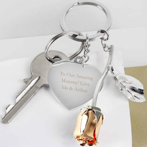 (product) Personalised Silver Plated Rose Gold Rose Keyring