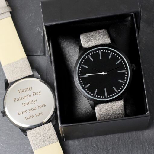 (product) Personalised Mens Matte Black Watch with Grey Strap and Presentation Box