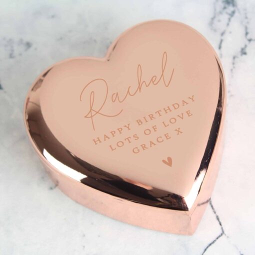 (product) Personalised Free Text Rose Gold Heart Trinket Box