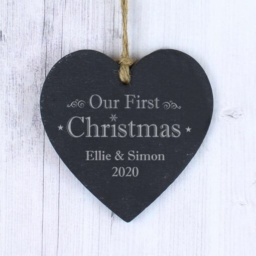 (product) Personalised Our First Christmas Slate Heart Decoration