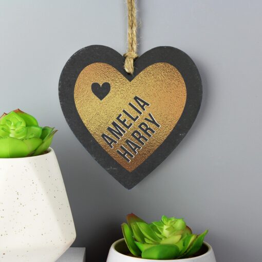(product) Personalised Couples Gold Printed Slate Heart Decoration