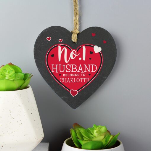 (product) Personalised No.1 Belongs To Printed Slate Heart Decoration