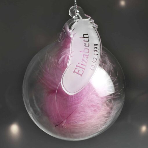 (product) Personalised Name & Date Pink Feather Glass Bauble