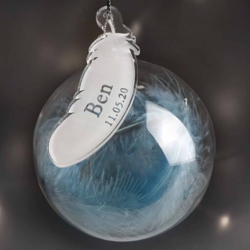 (product) Personalised Name & Date Blue Feather Glass Bauble
