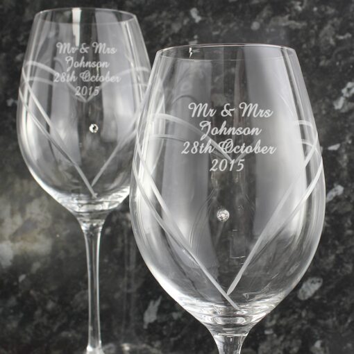 (product) Personalised Hand Cut Diamante Heart Wine Glasses