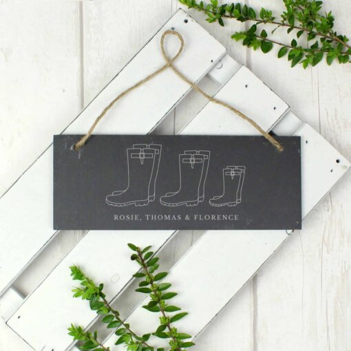 (product) Personalised Welly Boot Family of Three Hanging Slate Plaque