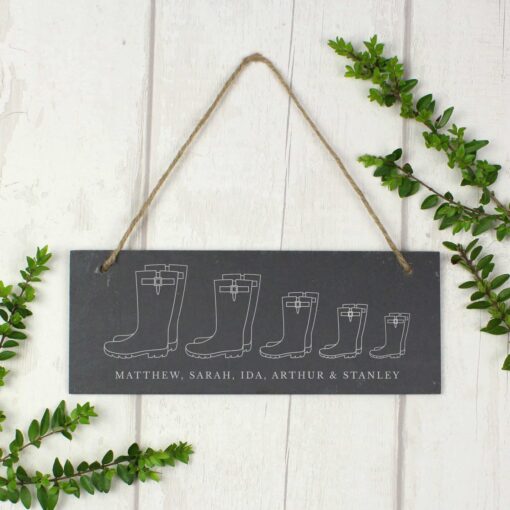 (product) Personalised Welly Boot Family of Five Hanging Slate Plaque
