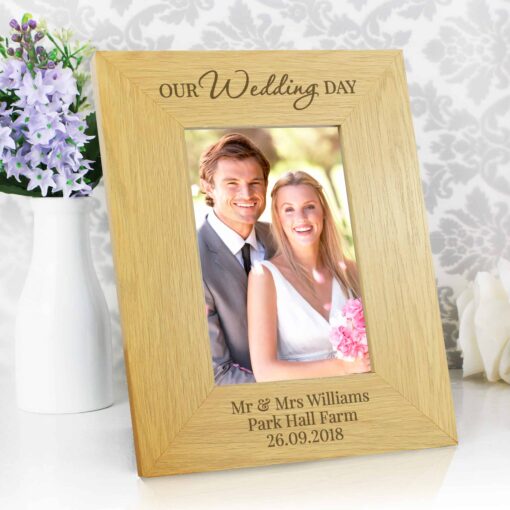 (product) Personalised Our Wedding Day 4x6 Oak Finish Photo Frame