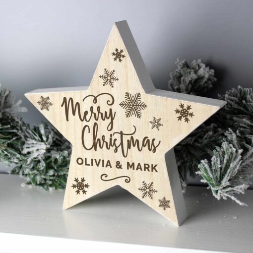 (product) Personalised Merry Christmas Rustic Wooden Star Decoration