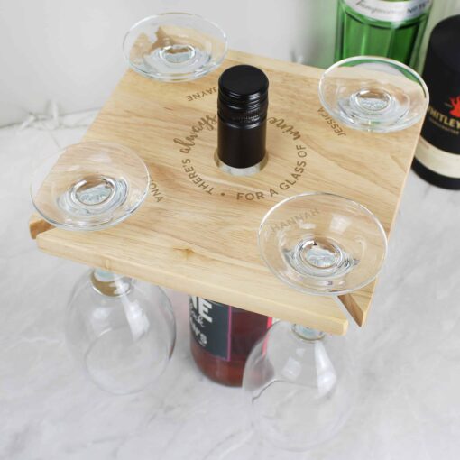 (product) Personalised Time For a Glass of Wine Four Wine Glass Holder & Bottle Butler