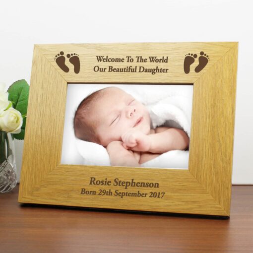 (product) Personalised Oak Finish 6x4 Landscape Baby Footprints Photo Frame