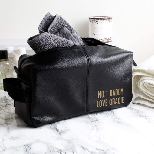 (product) Personalised Luxury Black leatherette Wash Bag