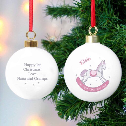 (product) Personalised 1st Christmas Pink Rocking Horse Bauble