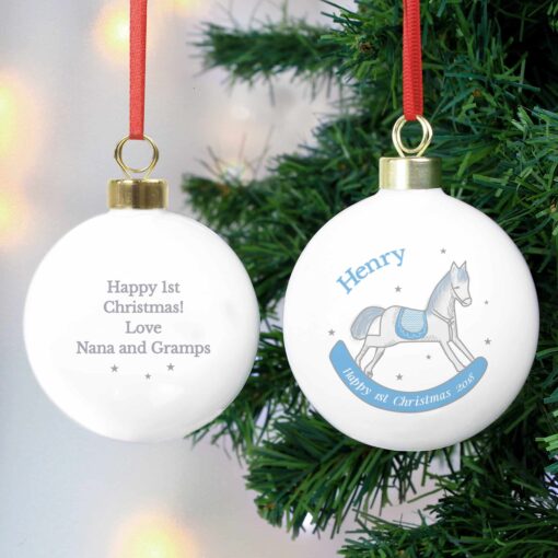 (product) Personalised 1st Christmas Blue Rocking Horse Bauble