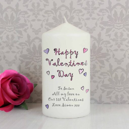 (product) Personalised Flowers and Butterflies Happy Valentines Day Pillar Candle
