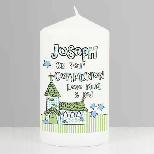 (product) Personalised Blue Church Pillar Candle