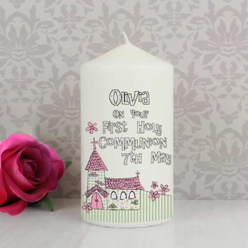 (product) Personalised Whimsical Church Pink 1st Holy Communion Pillar Candle