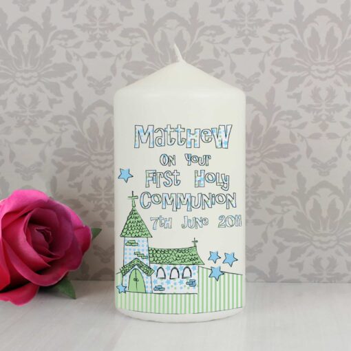 (product) Personalised Whimsical Church Blue 1st Holy Communion Pillar Candle