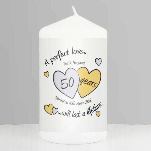 (product) Personalised A Perfect Love Golden Anniversary Pillar Candle