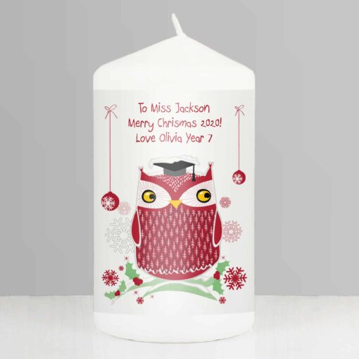 (product) Personalised Christmas Owl Teacher Pillar Candle