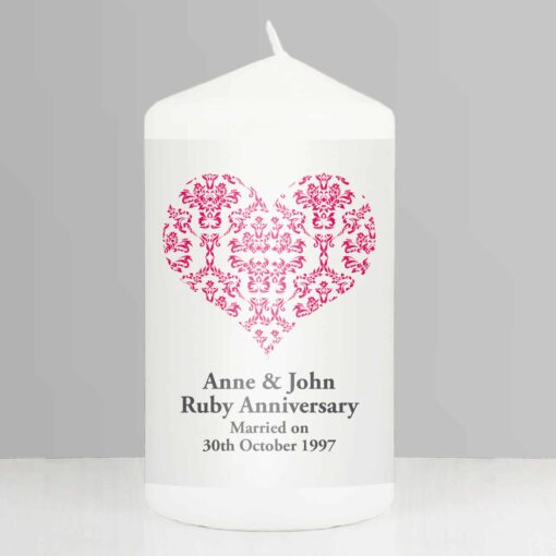 (product) Personalised Ruby Damask Heart Pillar Candle