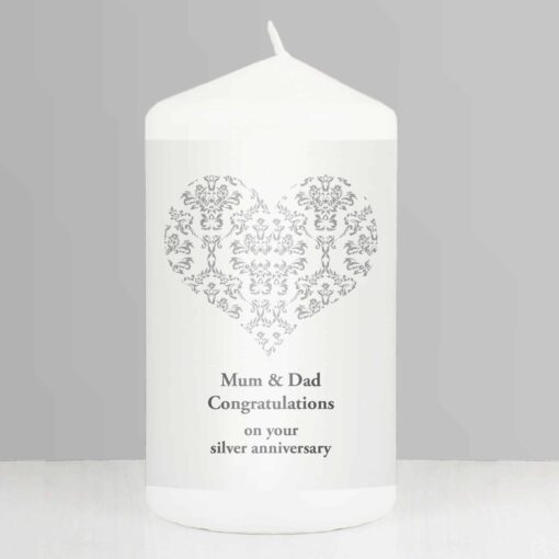(product) Personalised Silver Damask Heart Pillar Candle