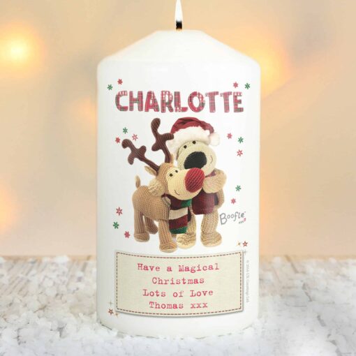 (product) Personalised Boofle Christmas Reindeer Pillar Candle
