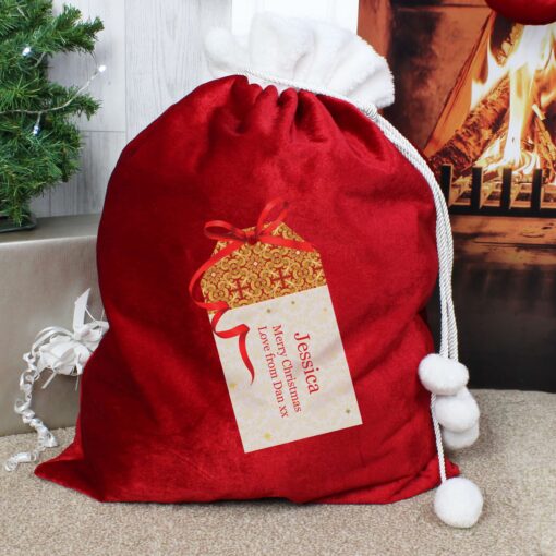 (product) Personalised Gift Tag Luxury Pom Pom Red Sack
