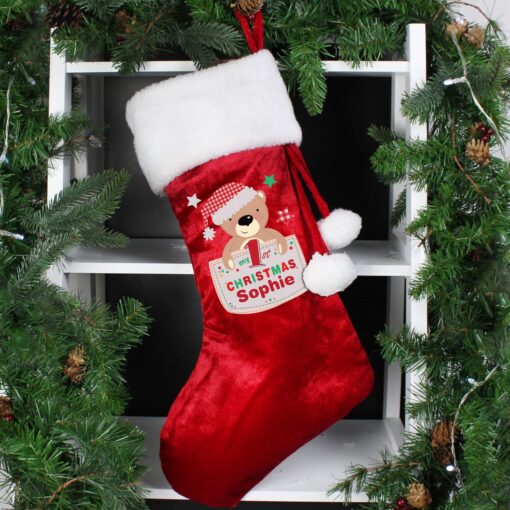 (product) Personalised Pocket Teddy My 1st Christmas Luxury Red Stocking