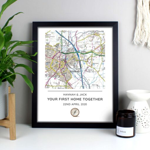 (product) Personalised Present Day Map Compass Black Framed Print