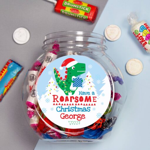 (product) Personalised Dinosaur 'Have a Roarsome Christmas' Sweet Jar