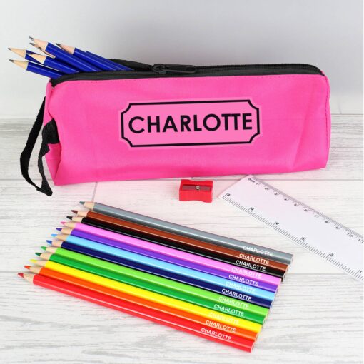 (product) Pink Pencil Case with Personalised Pencils & Crayons