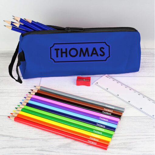(product) Blue Pencil Case with Personalised Pencils & Crayons