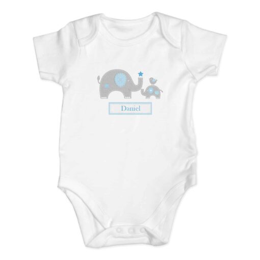 (product) Personalised Blue Elephant 0-3 Months Baby Vest