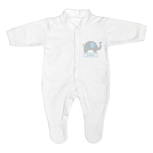 (product) Personalised Blue Elephant 0-3 Months Baby grow
