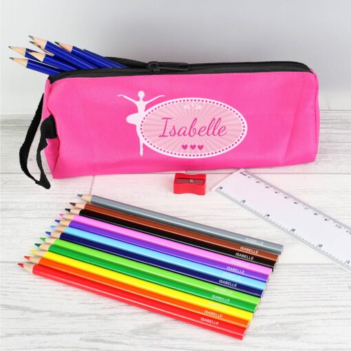 (product) Pink Ballerina Pencil Case with Personalised Pencils & Crayons