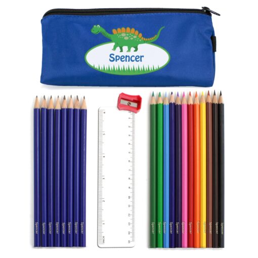 (product) Blue Dinosaur Pencil Case with Personalised Pencils & Crayons