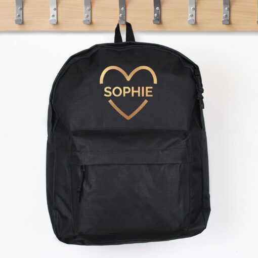 (product) Personalised Gold Heart Black Backpack
