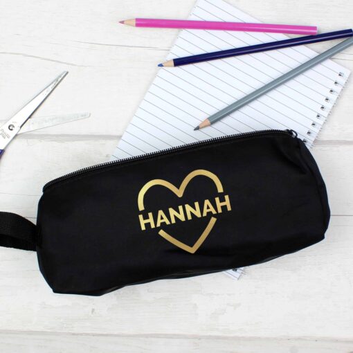 (product) Personalised Gold Heart Black Pencil Case