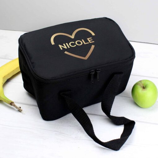 (product) Personalised Gold Heart Black Lunch Bag