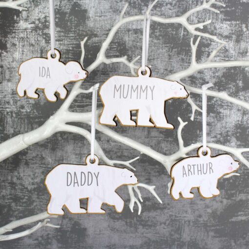 (product) Personalised Set of Four Polar Bear Family Wooden Hanging Decorations