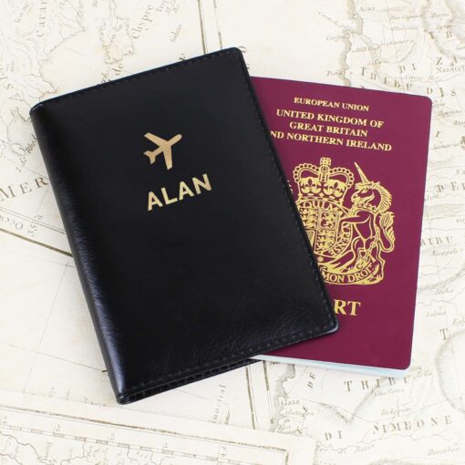 (product) Personalised Gold Name Black Passport Holder