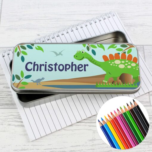(product) Personalised Dinosaur Pencil Tin with Pencil Crayons